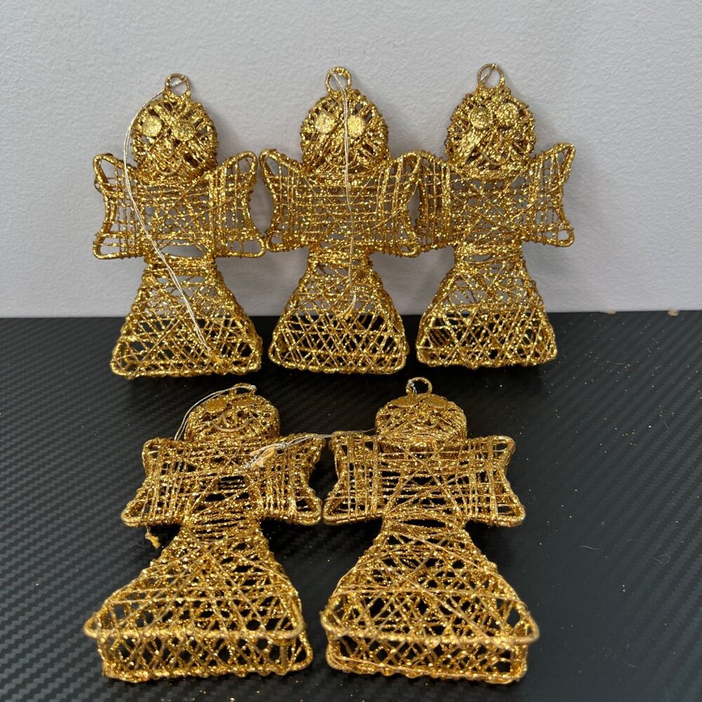 Set Of 5 Gold Wire Metal Angel Christmas Tree Ornaments Holiday Glitter
